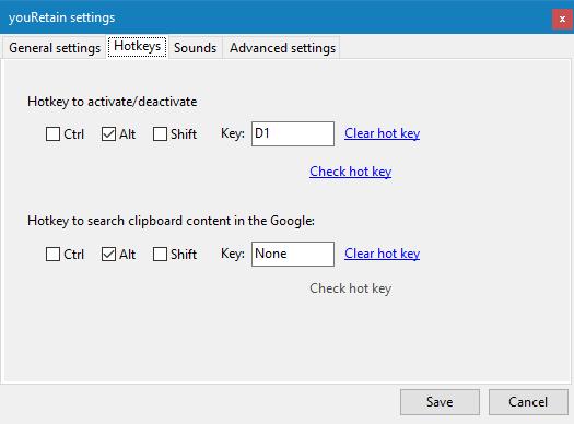 This screenshot shows the hotkeys settings dialogue of youRetain.