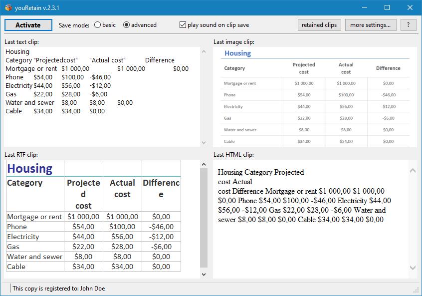 youRetain main window in advanced mode. A clip copied from Excel has been saved by the program. The same data was copied in four different formats.